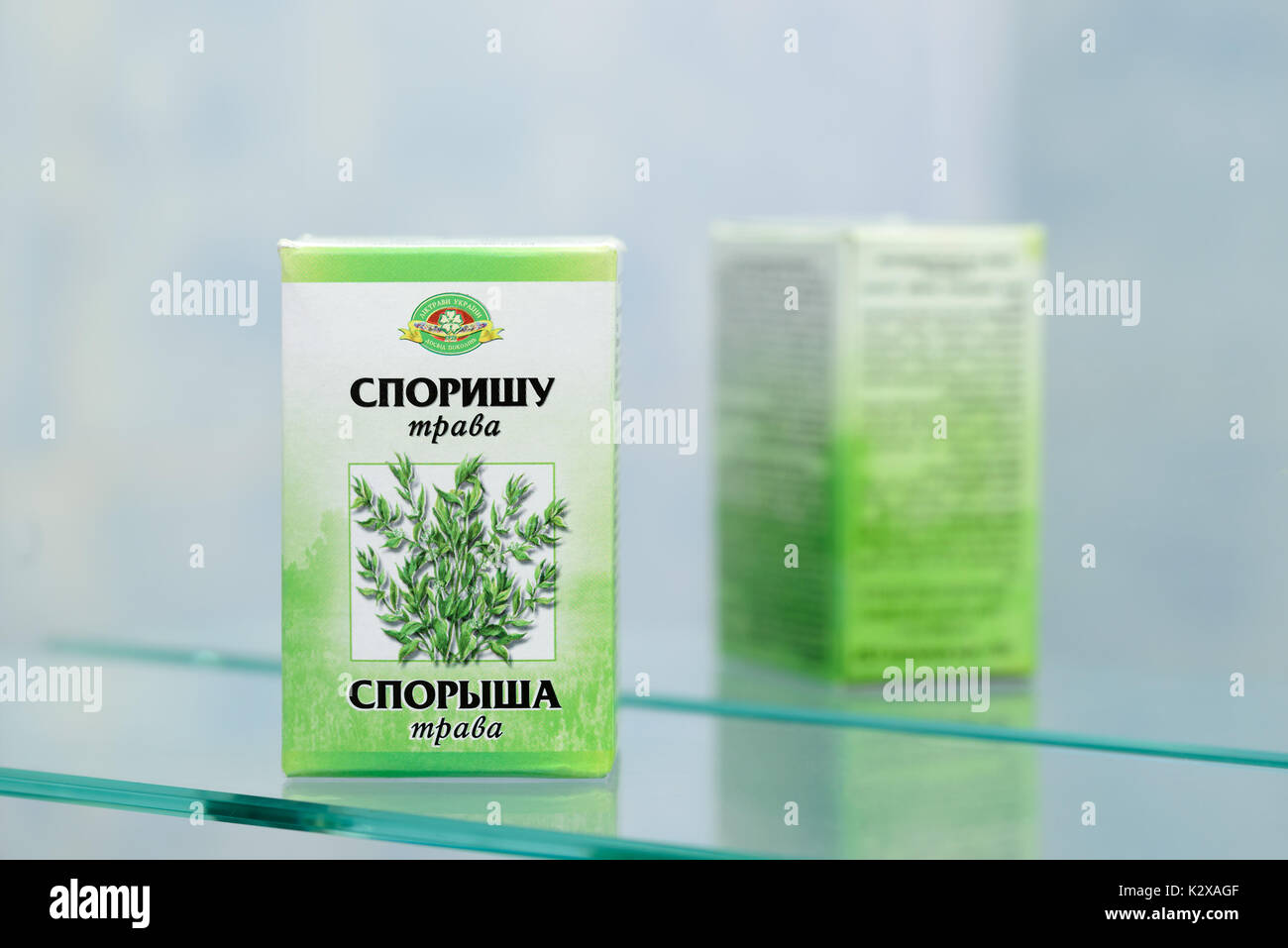 Kiev/Ukraine - August 27, 2017 - Spore grass (Sporysha trava), Polygonum aviculare  infusion, from the brand 'elbows of ukraine experience of generati Stock Photo