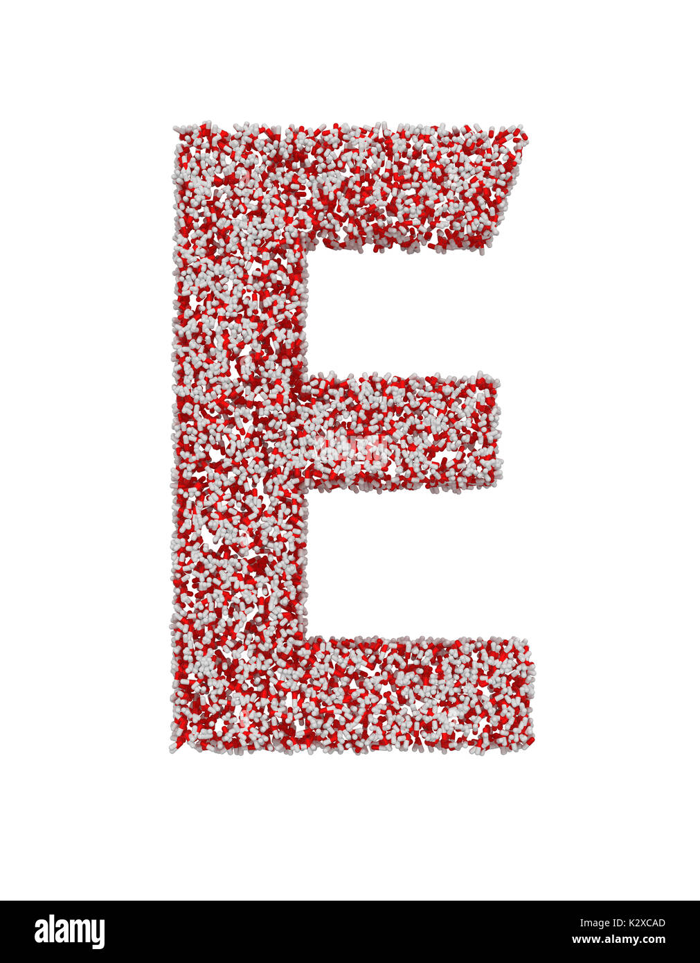 3D render of red and white alphabet make from pills. Big letter E with clipping path. Isolated on white background Stock Photo
