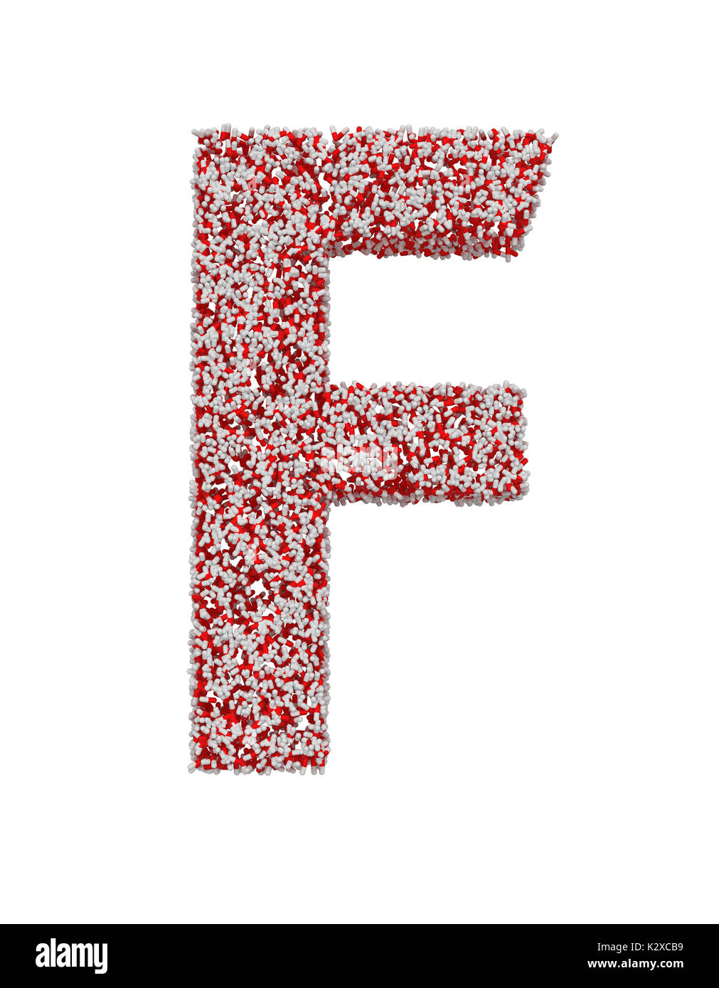 3D render of red and white alphabet make from pills. Big letter F with clipping path. Isolated on white background Stock Photo