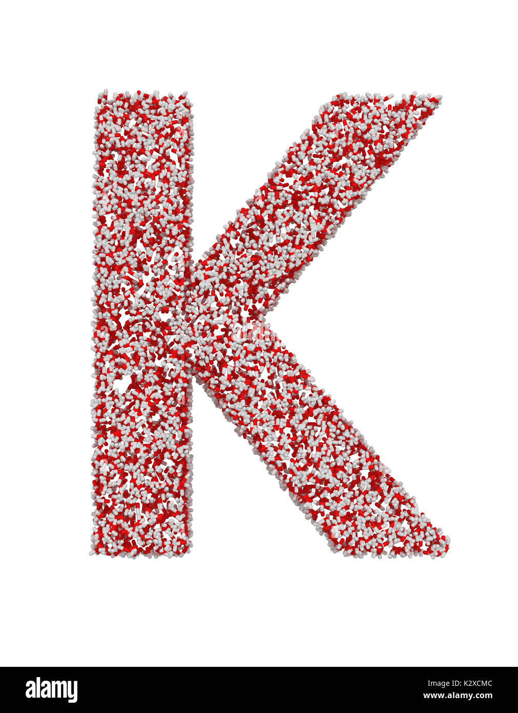 3D render of red and white alphabet make from pills. Big letter K with