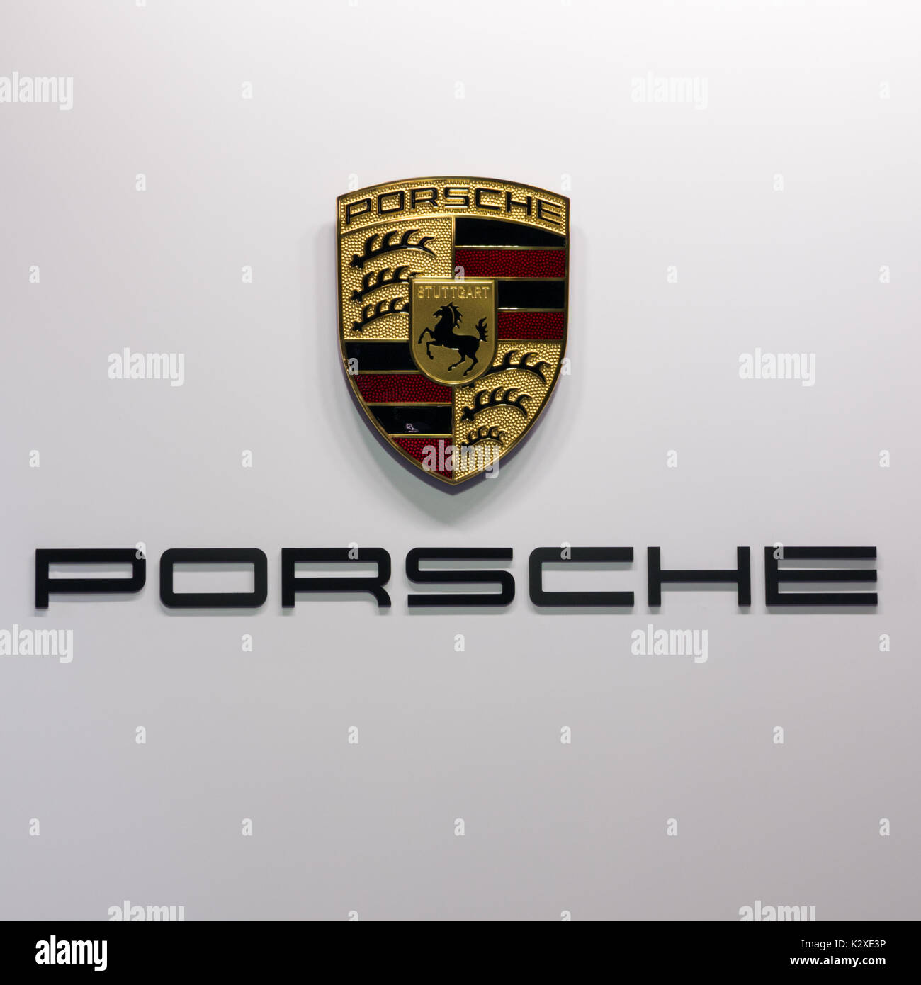 BRUSSELS - JAN 19, 2017: Porsche car manufacturer logo at the Brussel Auto Salon Motor Show Stock Photo