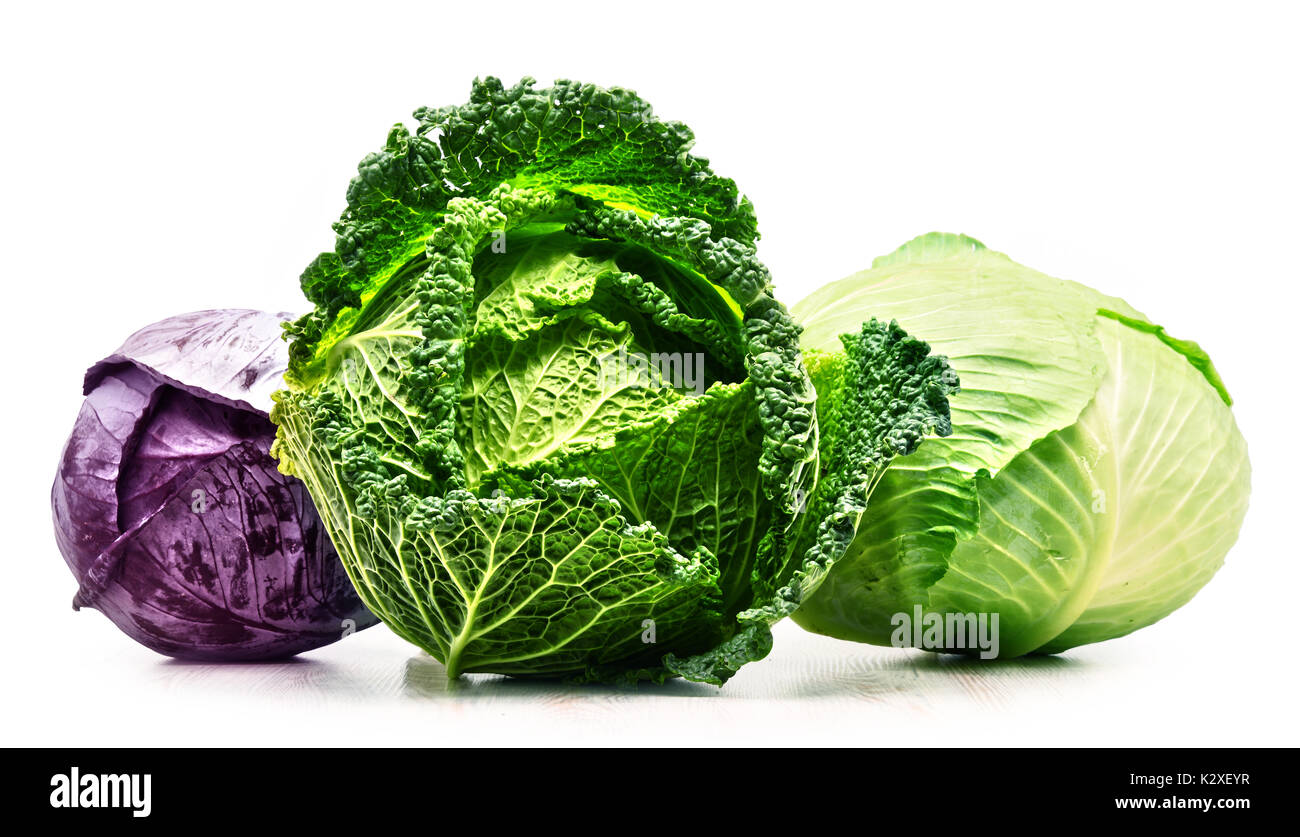 Three fresh organic cabbage heads isolated on white background Stock
