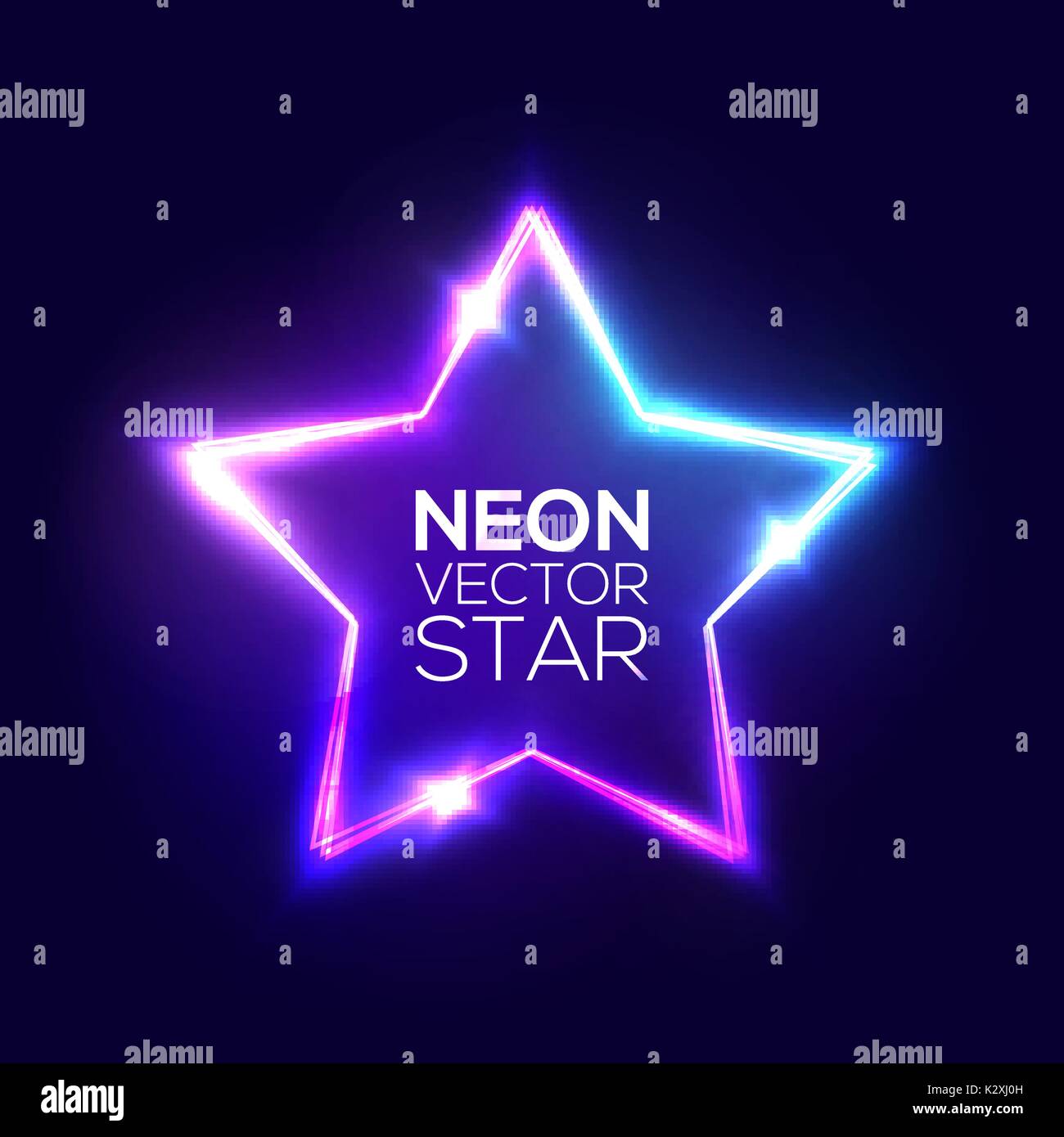 Abstract Neon Star. Electric Frame. Night Club Sign. 3d Retro Light Starry Signboard With Shining Neon Effect. Techno Glowing Frame On Dark Blue Backdrop. Colorful Vector Illustration in 80s Style. Stock Vector