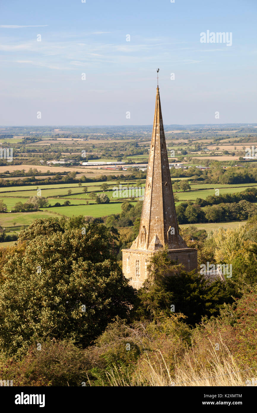 St Nicholas' Church and view over Honeybourne and Vale of Evesham, Saintbury, Cotswolds, Gloucestershire, England, United Kingdom, Europe Stock Photo