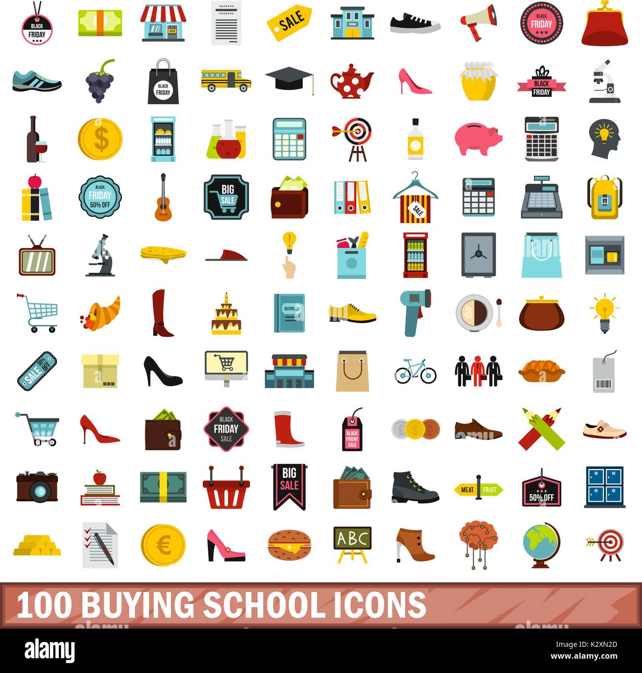100 buying school icons set, flat style Stock Vector