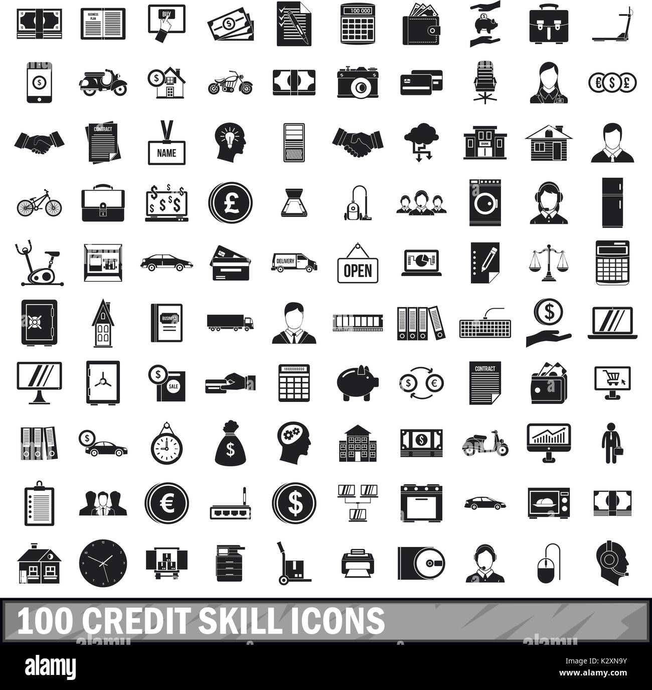 100 credit skill icons set, simple style  Stock Vector