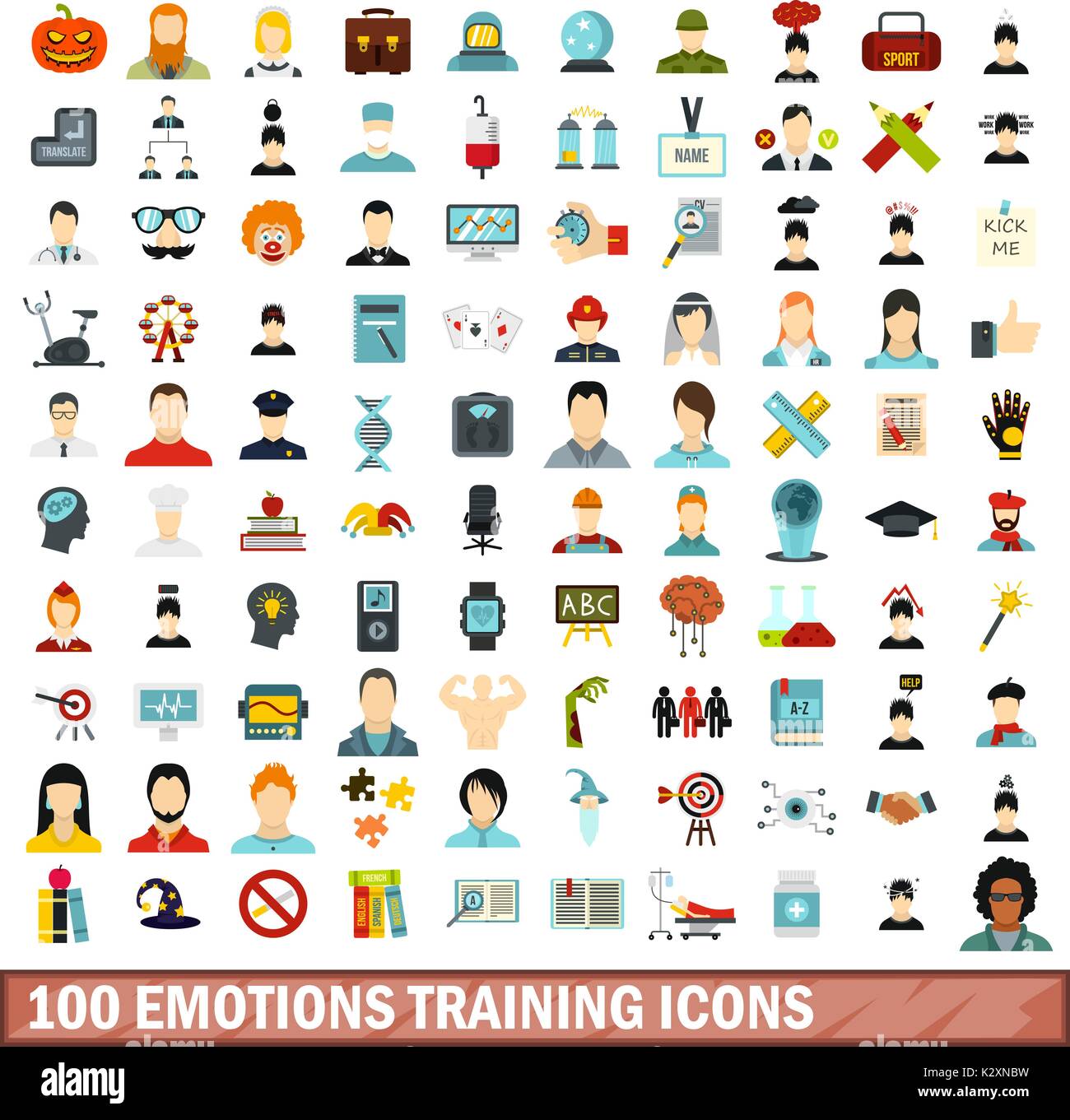 100 emotions training icons set, flat style Stock Vector