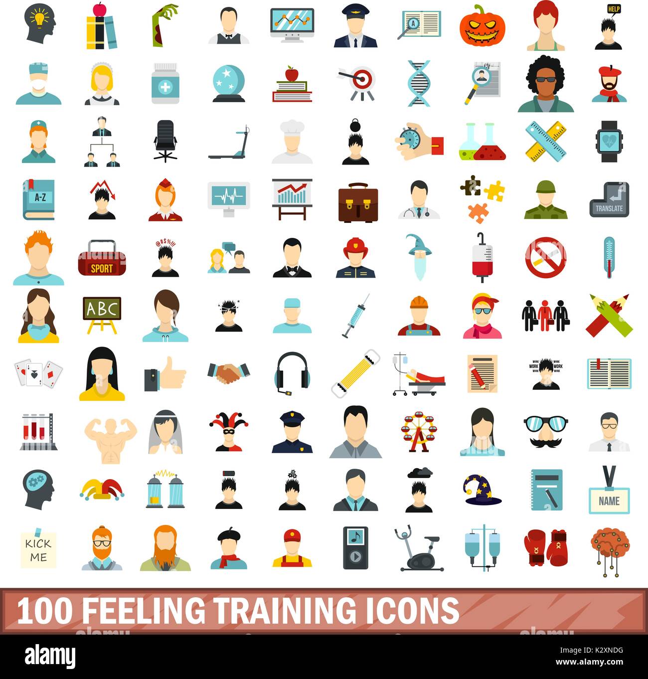 100 feeling training icons set, flat style Stock Vector