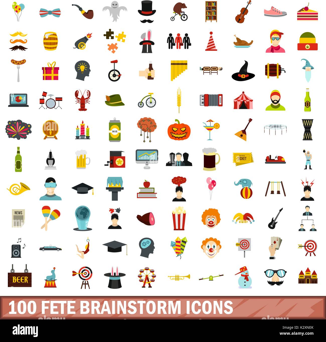 100 fete brainstorm icons set, flat style Stock Vector