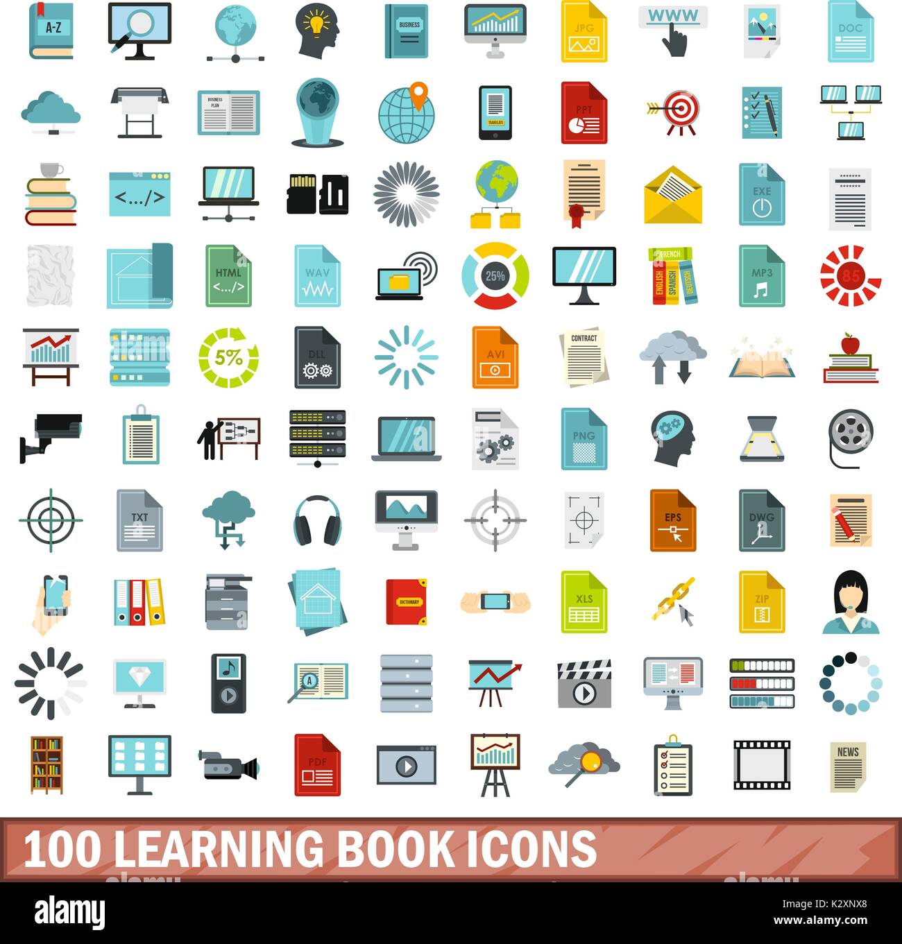 100 learning book icons set, flat style Stock Vector
