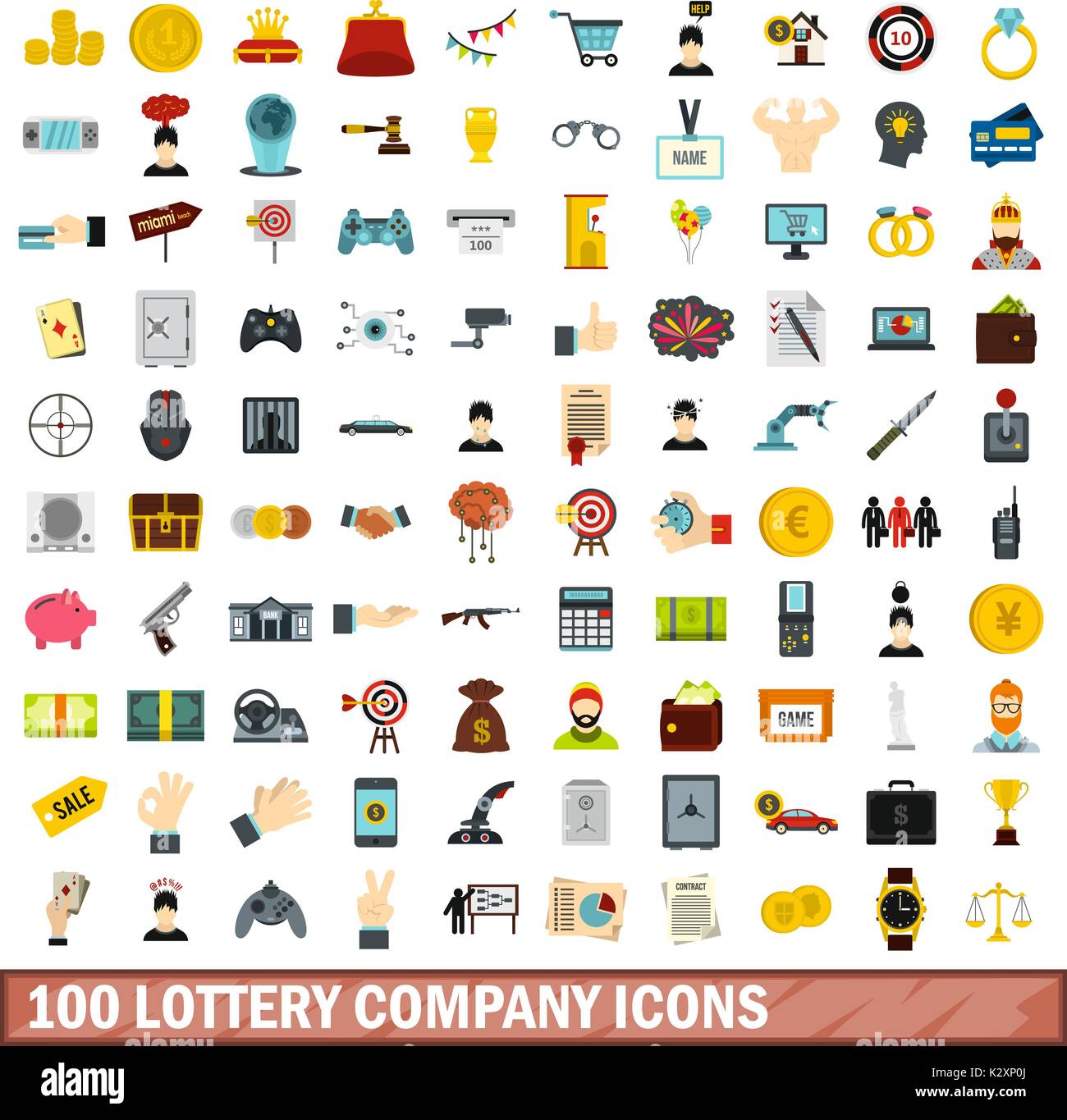 100 lottery company icons set, flat style Stock Vector