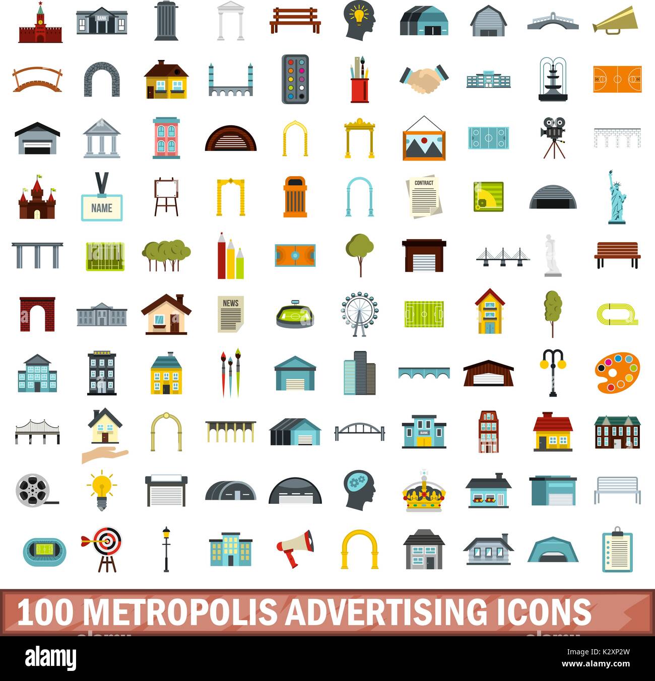 100 metropolis advertising icons set, flat style Stock Vector Image ...