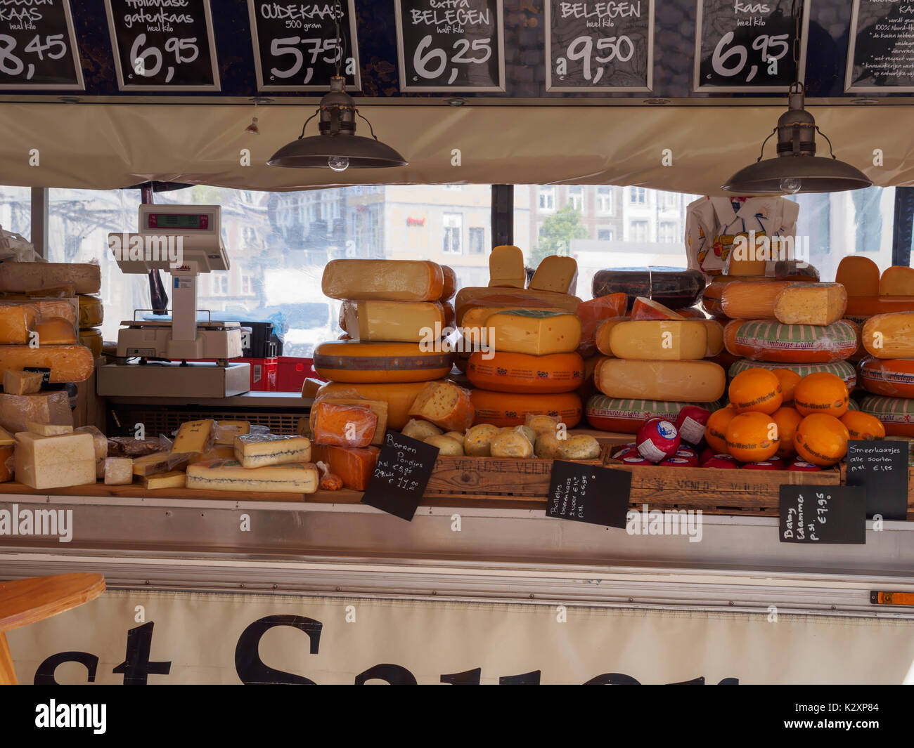 Cheeses for sale in a outdoor market in Maastricht, Netherlands Stock Photo