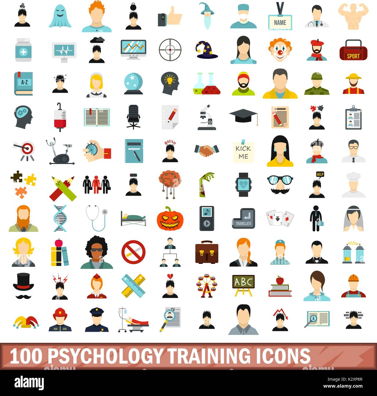 100 psychology training icons set, flat style Stock Vector