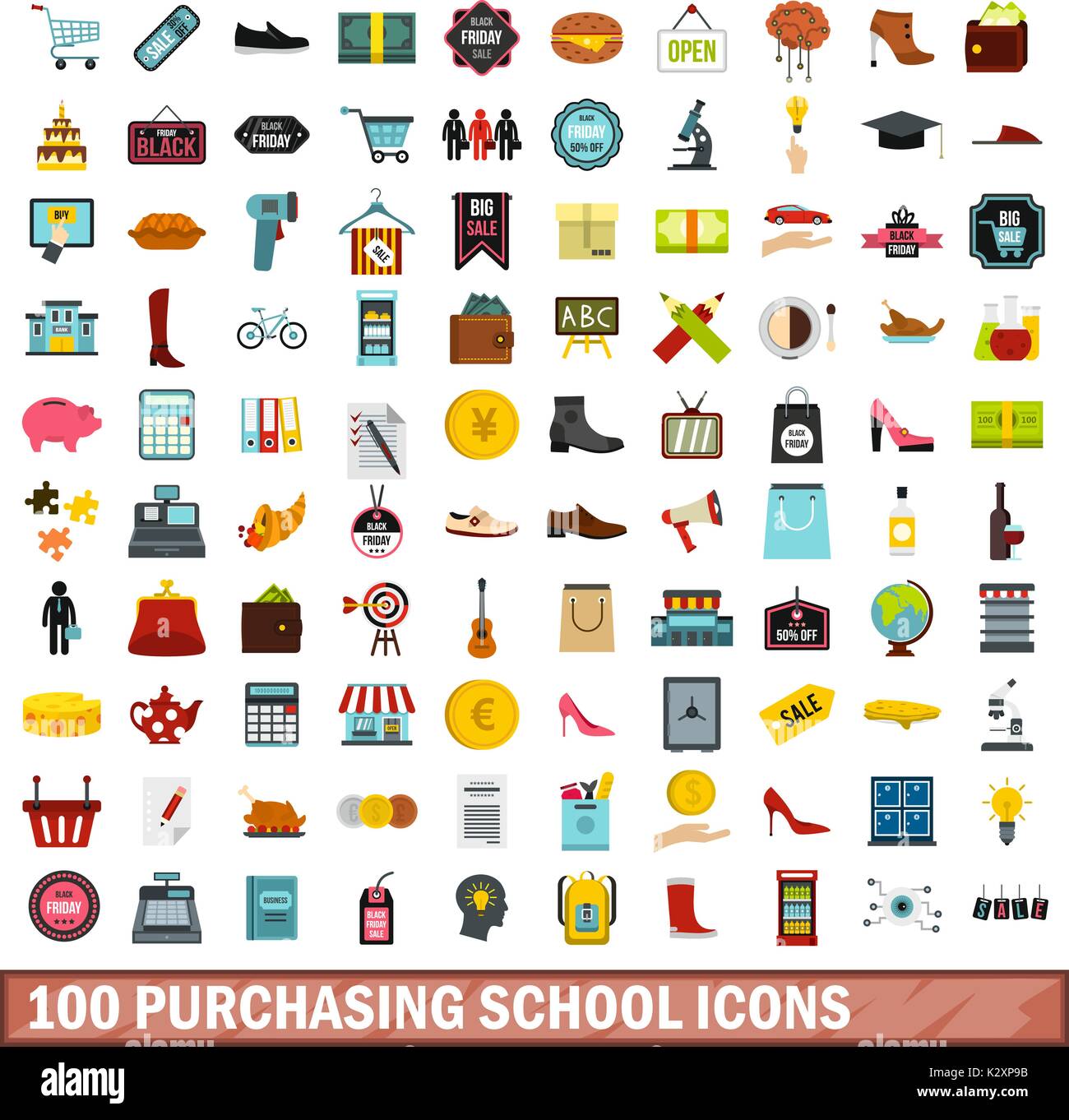 100 purchasing school icons set, flat style Stock Vector