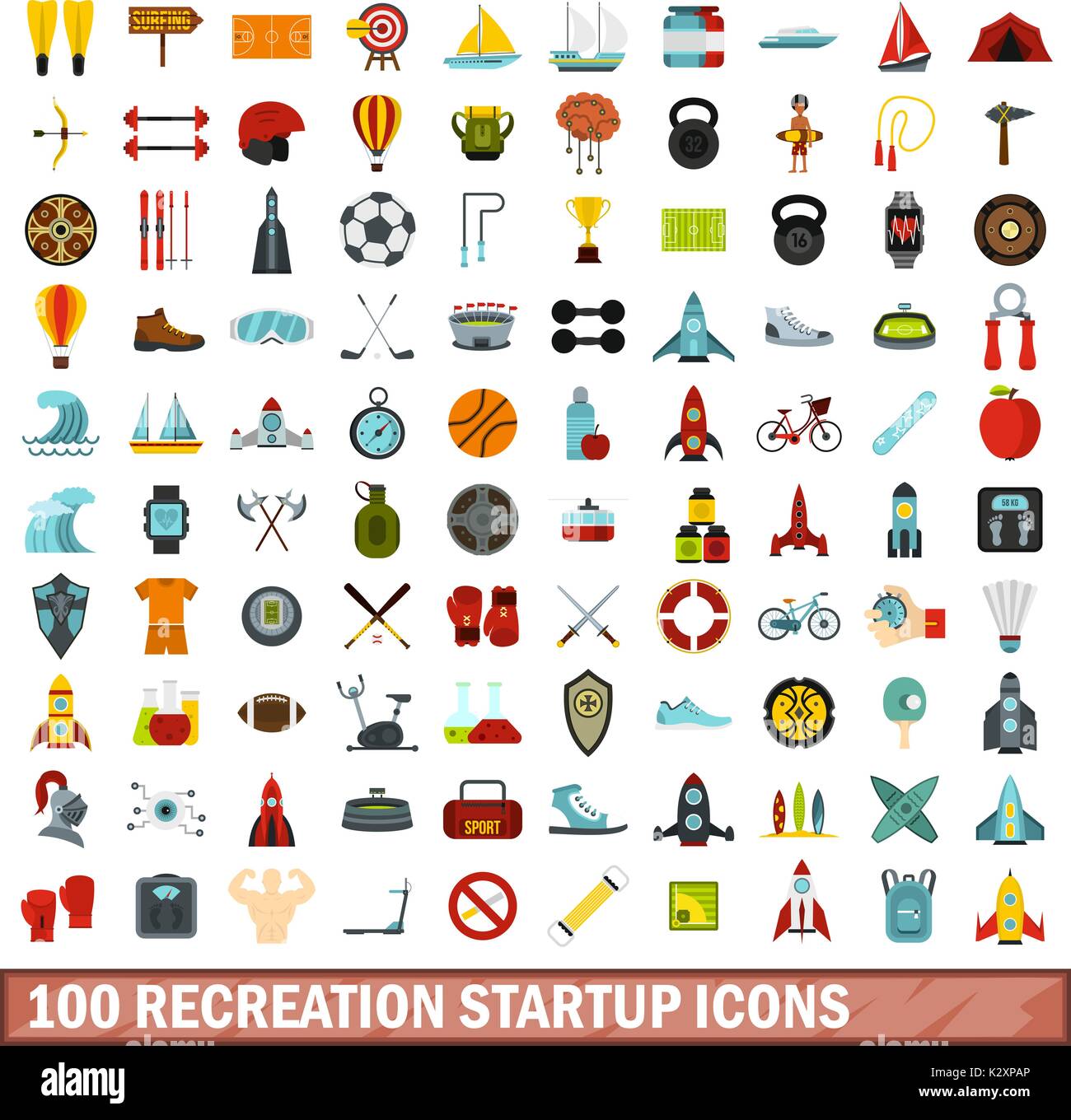 100 recreation startup icons set, flat style Stock Vector
