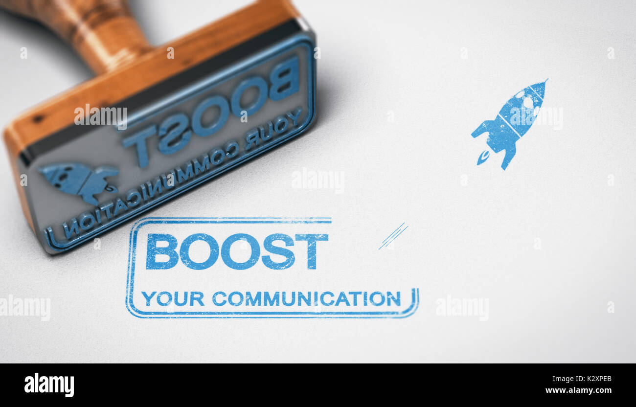 Rubber stamp with the text boost your communication stamped over paper