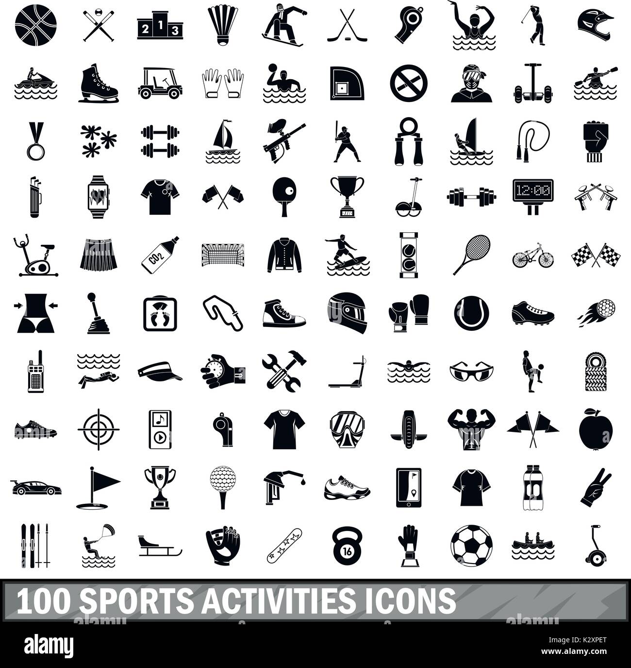 100 sports activities icons set, simple style  Stock Vector