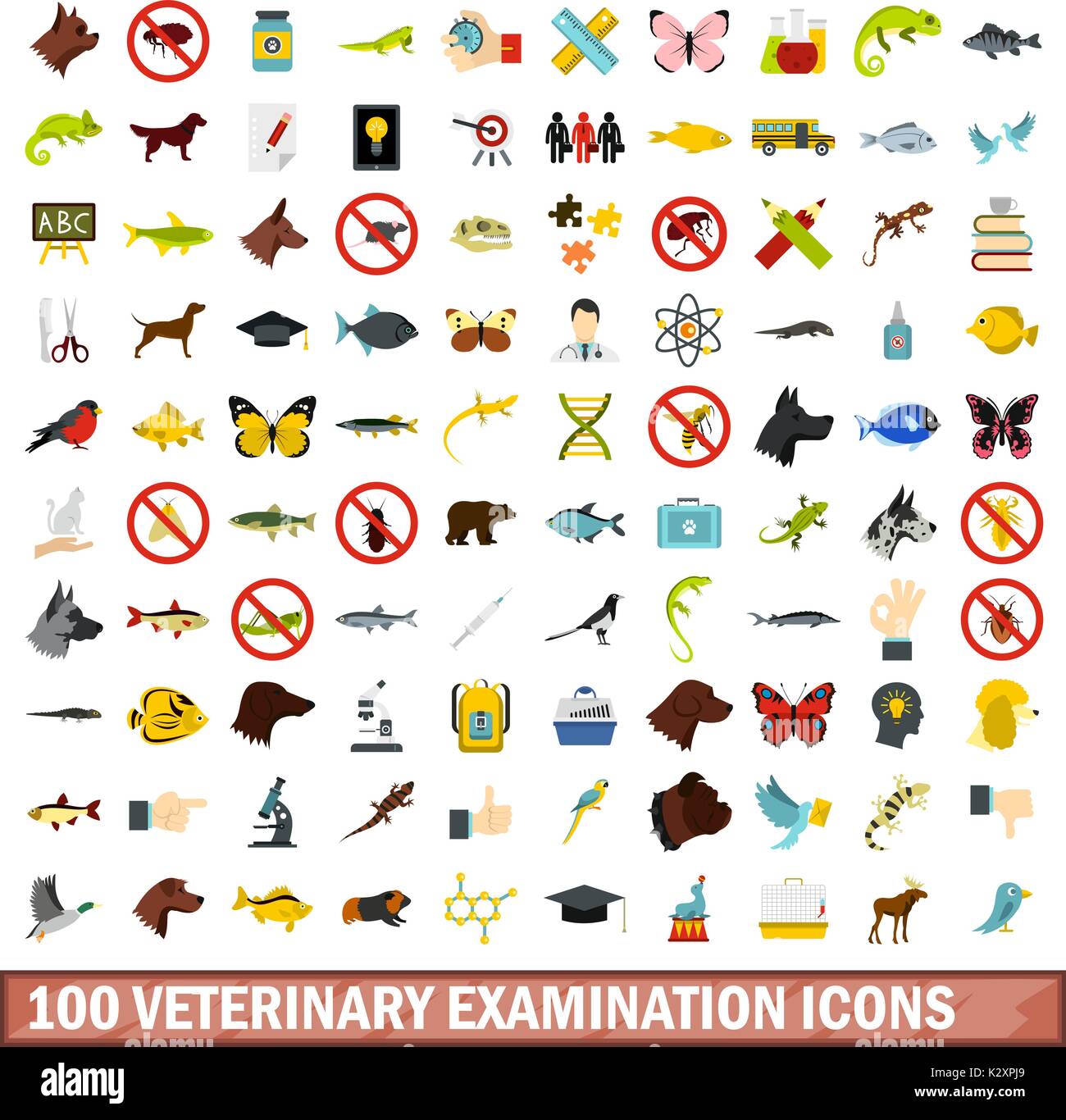 100 veterinary examination icons set, flat style Stock Vector