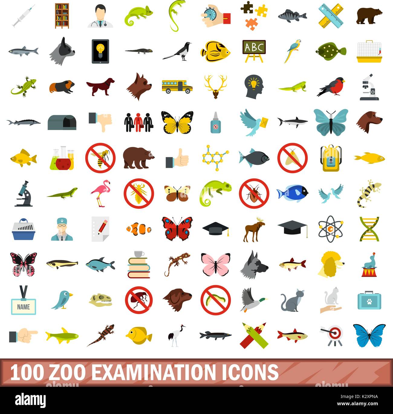 100 zoo examination icons set, flat style Stock Vector