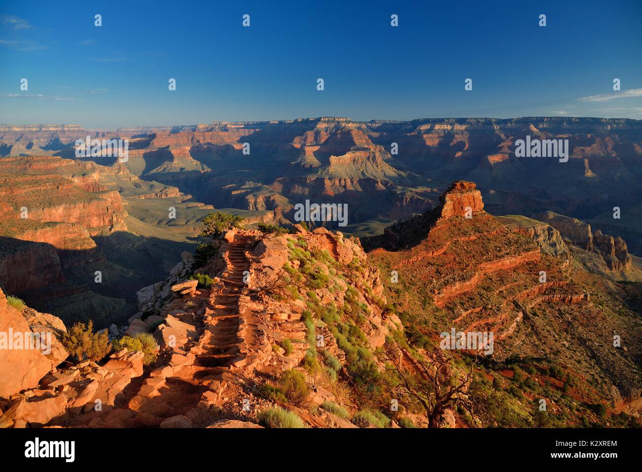 Grand Canyon South Kaibab Trail Sunrise near Cedar Ridge with ONeill Butte Fantastic Panoramic view of the canyon Stock Photo