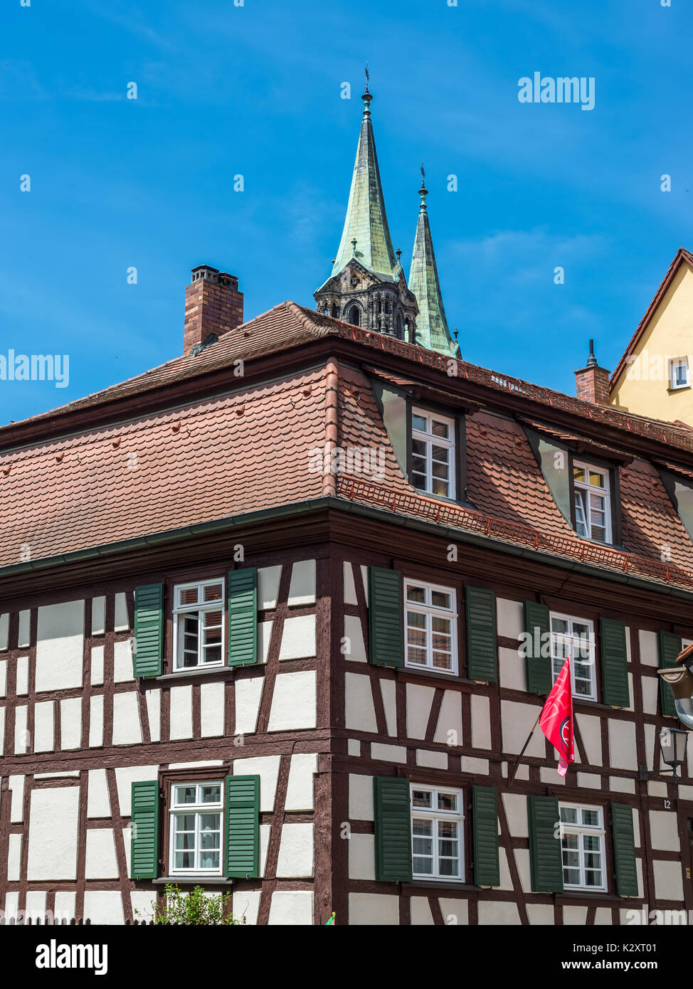 Bamberg, Germany - May 22, 2016: Traditional half-timbered colorful house close-up in Bamberg, Germany. Stock Photo