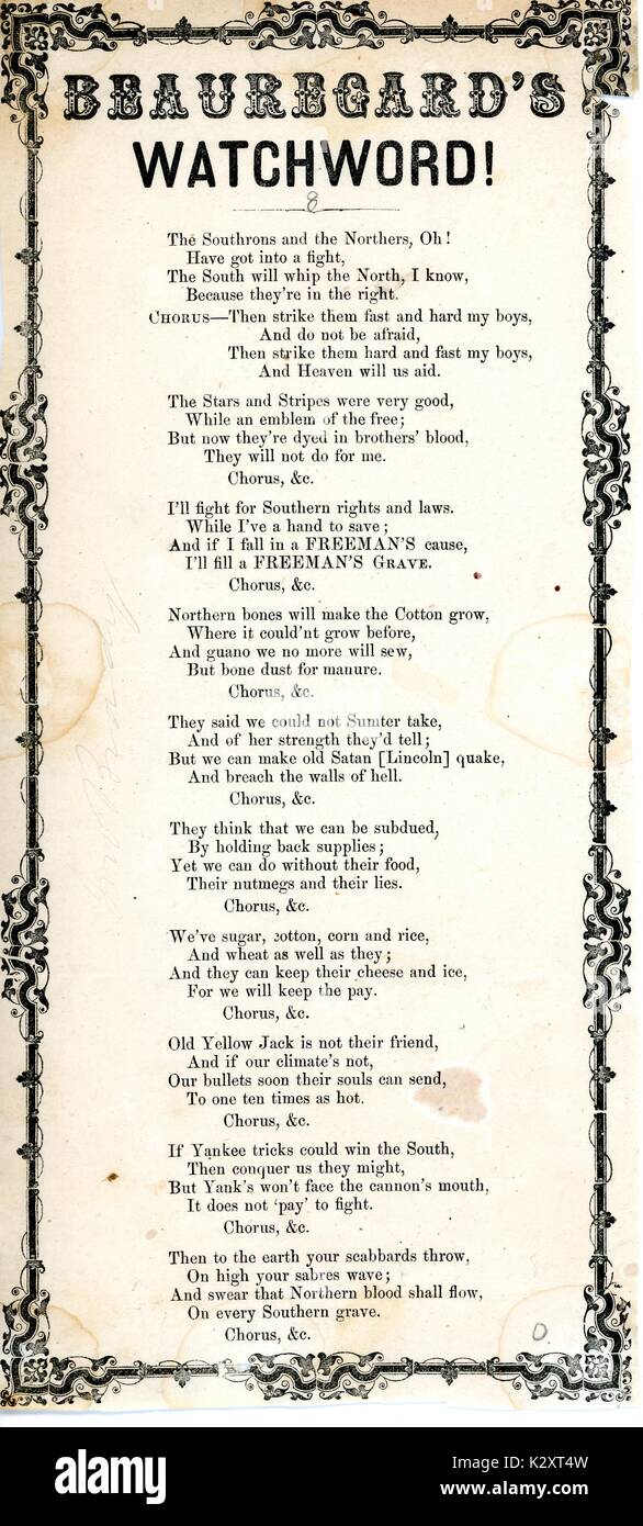 Broadside from the American Civil War, entitled 'Beauregard's Watchword!', a rallying call in support of the Confederacy, 1861. Stock Photo