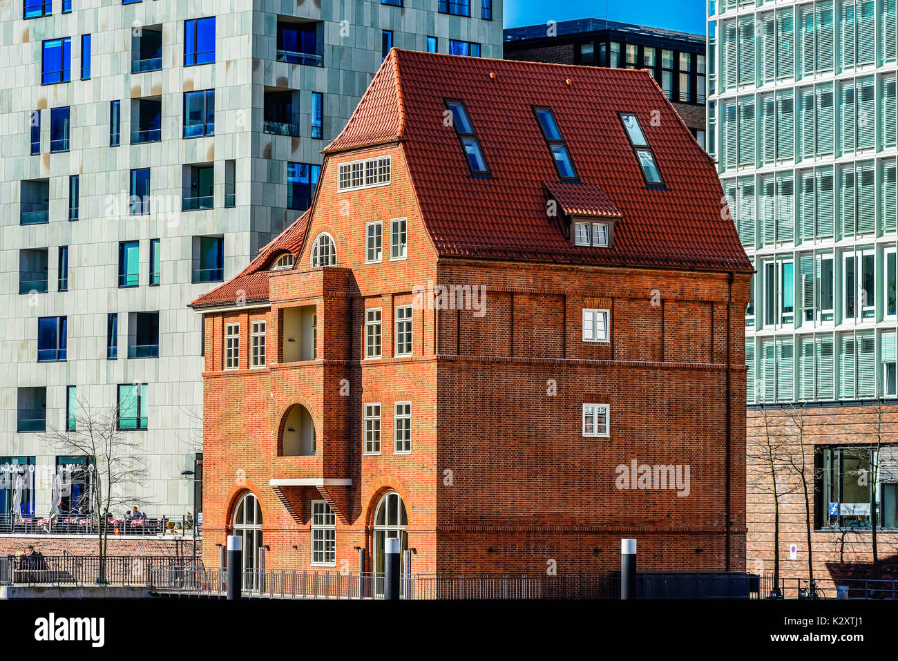 Old brick building in the Ericusbruecke before modern office buildings in the harbour city of Hamburg, Germany, Europe, Altes Backsteingebaeude an der Stock Photo