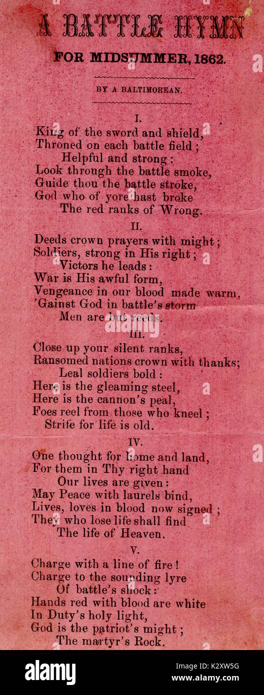 Broadside from the American Civil War, entitled 'A Battle Hymn for Midsummer 1862', advocating for persistence and bravery in the continued war effort, 1862. Stock Photo