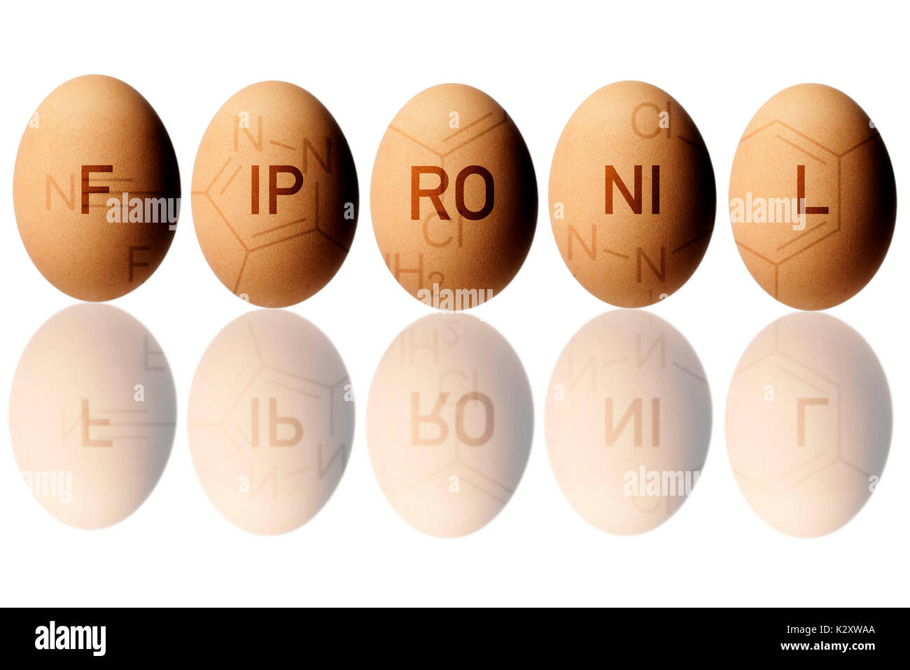 Chicken eggs with stroke Fipronil, symbolic photo for Fipronil load with eggs, Huehnereier mit Schriftzug Fipronil, Symbolfoto fuer Fipronil-Belastung Stock Photo