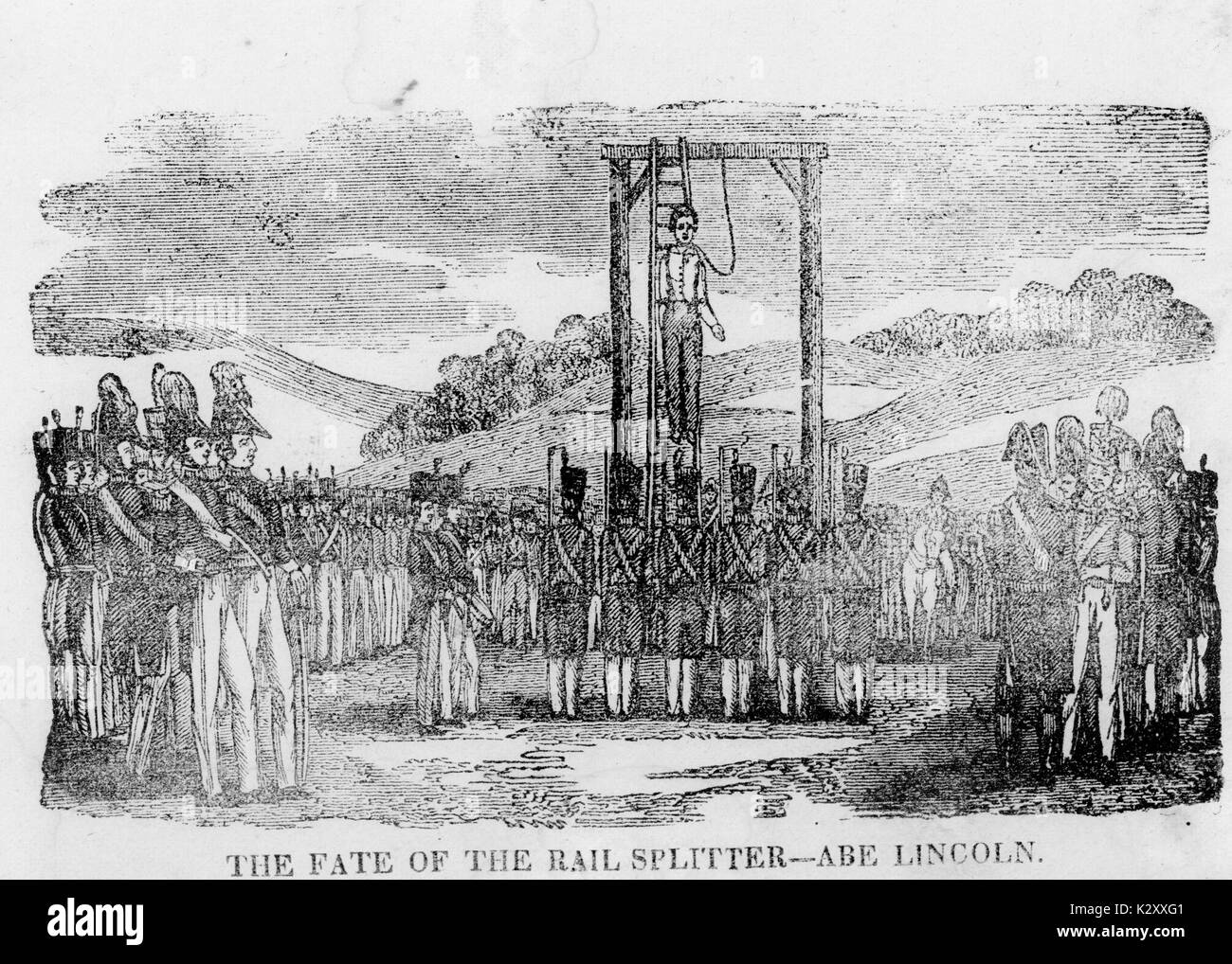 Illustration from the American Civil War captioned 'The Fate of Rail Splitter Abe Lincoln, ' showing Abraham Lincoln being sentenced to death by hanging surrounded by a number of uniformed Confederate troops, 1862. Stock Photo