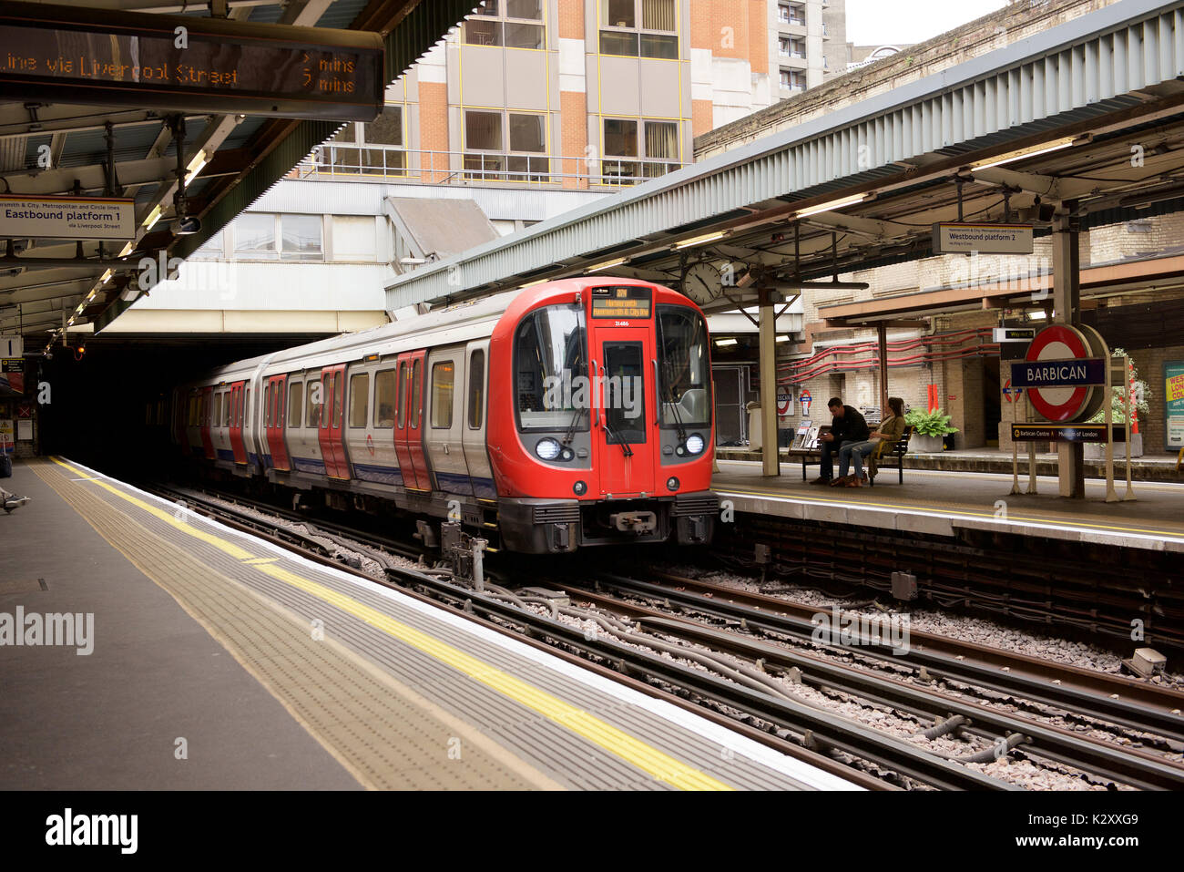 Hammersmith & City train at Barbican station on the London Underground