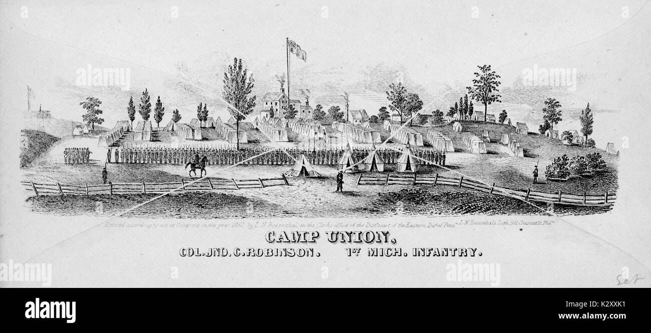 Broadside from the American Civil War, entitled 'Camp Union', depicting a Union camp for the 1st Michigan Infantry led by Colonel John C. Robinson, 1861. Stock Photo