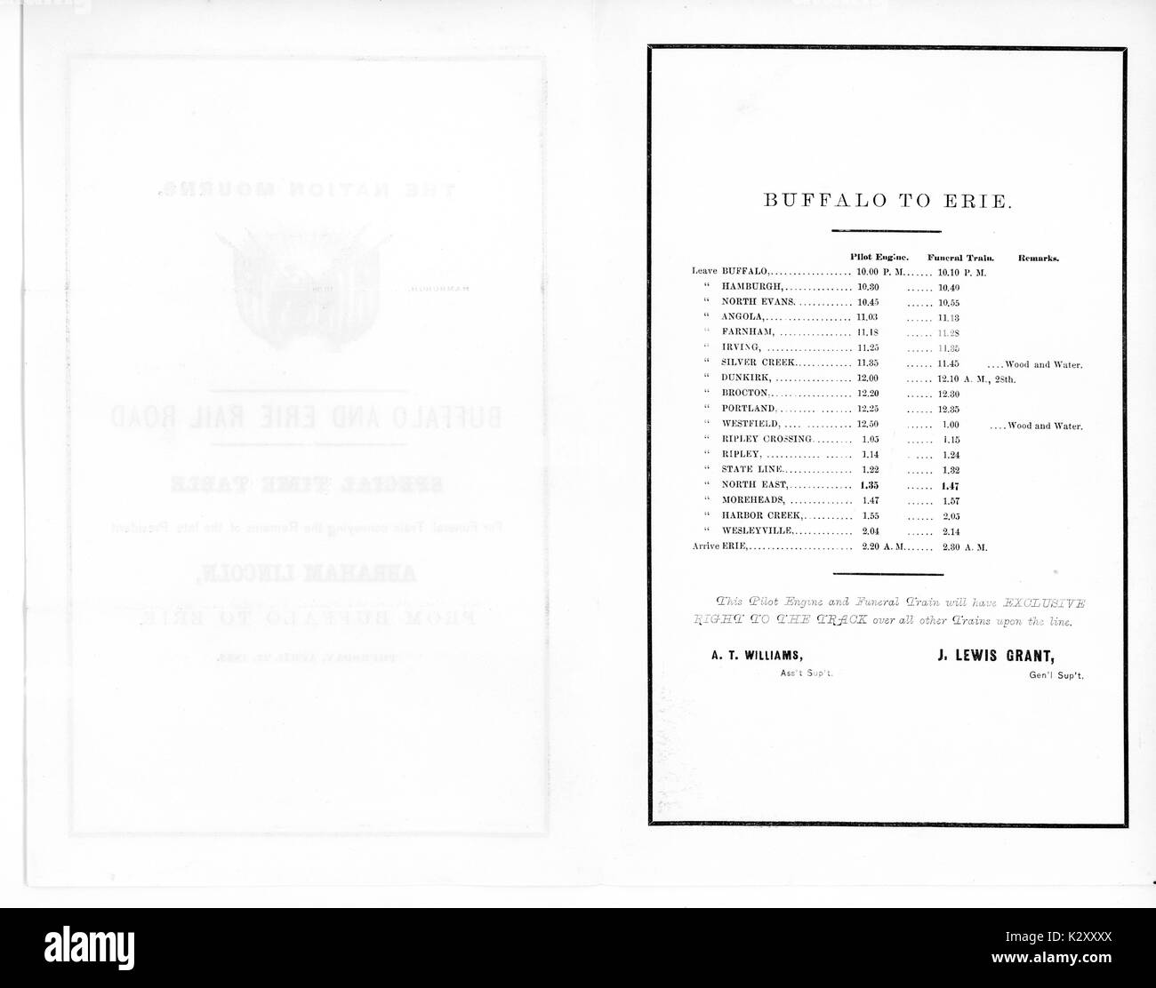 Broadside from the American Civil War, entitled 'Buffalo to Erie', is the schedule for the Buffalo and Erie Rail Road funeral train for Abraham Lincoln, 1865. Stock Photo