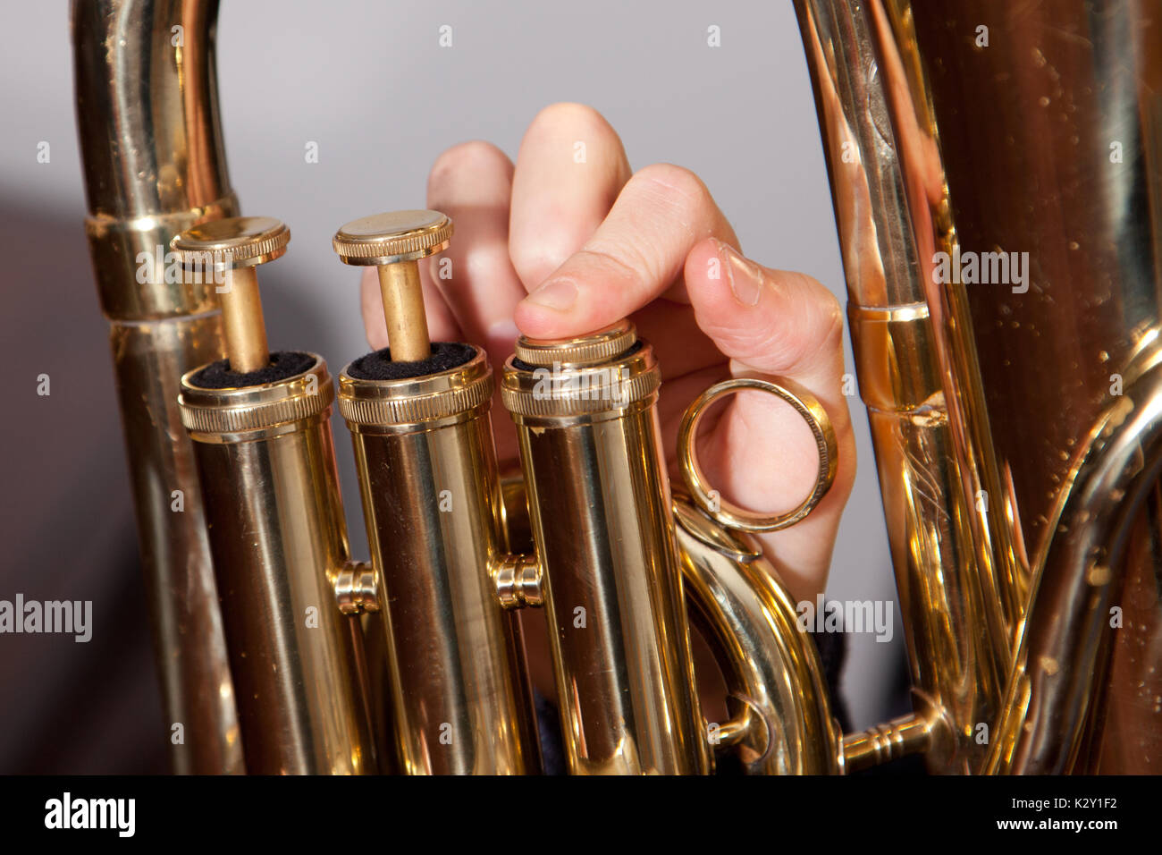 Fingers on euphonium valves of a horn Stock Photo Alamy