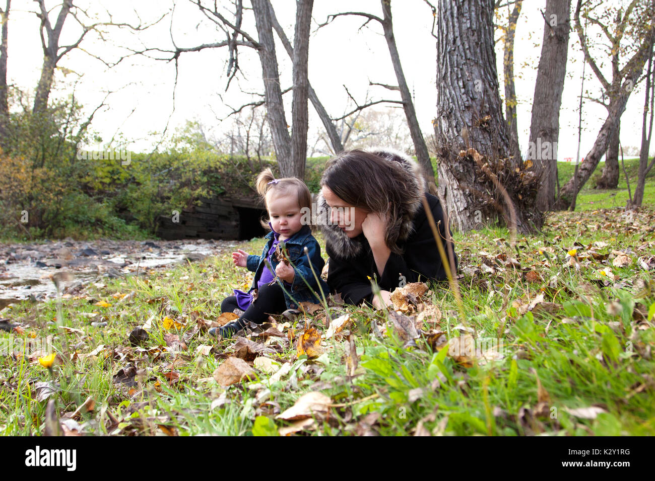 A close up of a mother and a toddler daughter in the grass with autumn foliage. Stock Photo