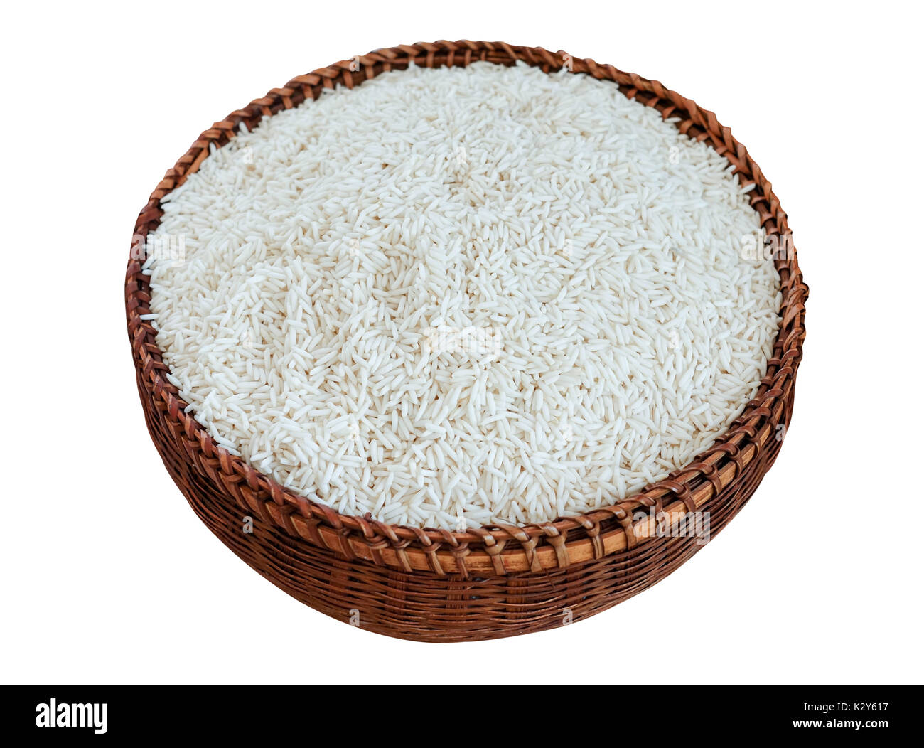 Sticky Rice Clusters Sticky rice grains in bamboo basket isolated on white background with ...