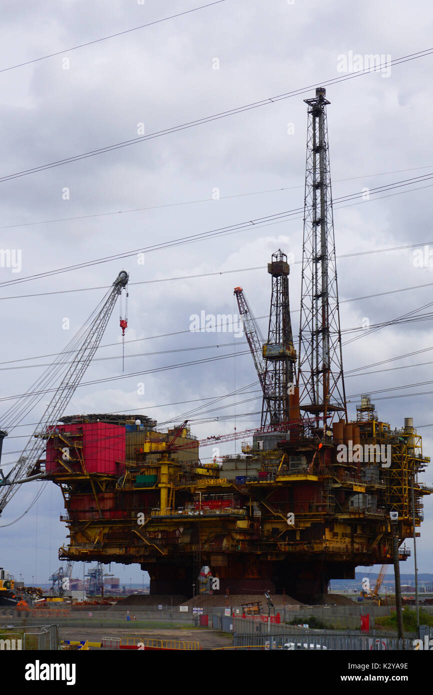 Decommissioned Brent Delta North Sea Shell  Oil Rig Field Platform in Able UK Seaton Port Hartlepool awaiting dismantling and recycling Stock Photo