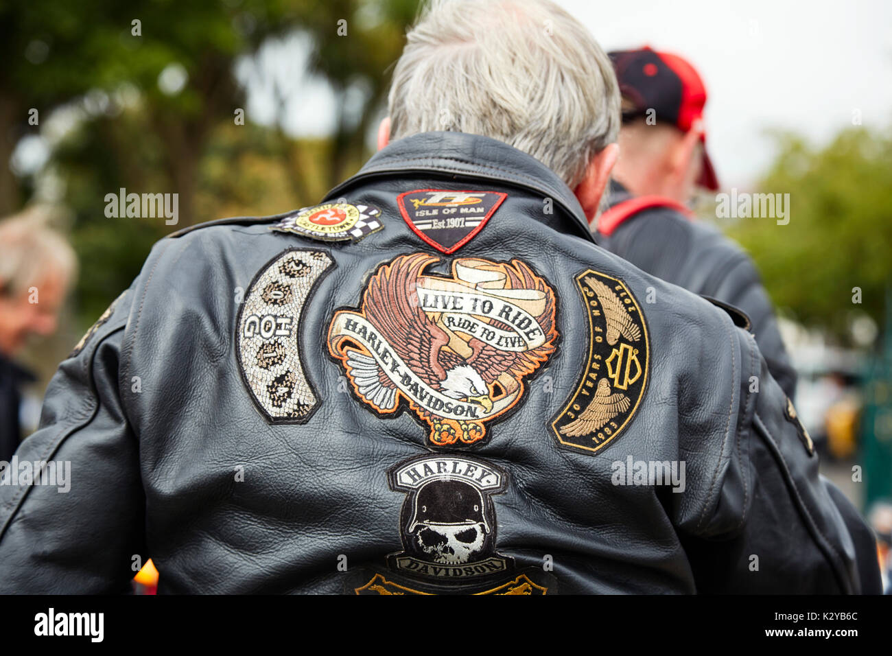 Grey haired Harley Davidson rider’s leather jacket with badges on the back Stock Photo