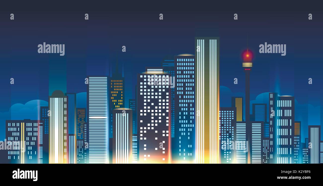 Night city skyline vector illustration. Glowing urban horizon like Beijing or Moscow Stock Vector
