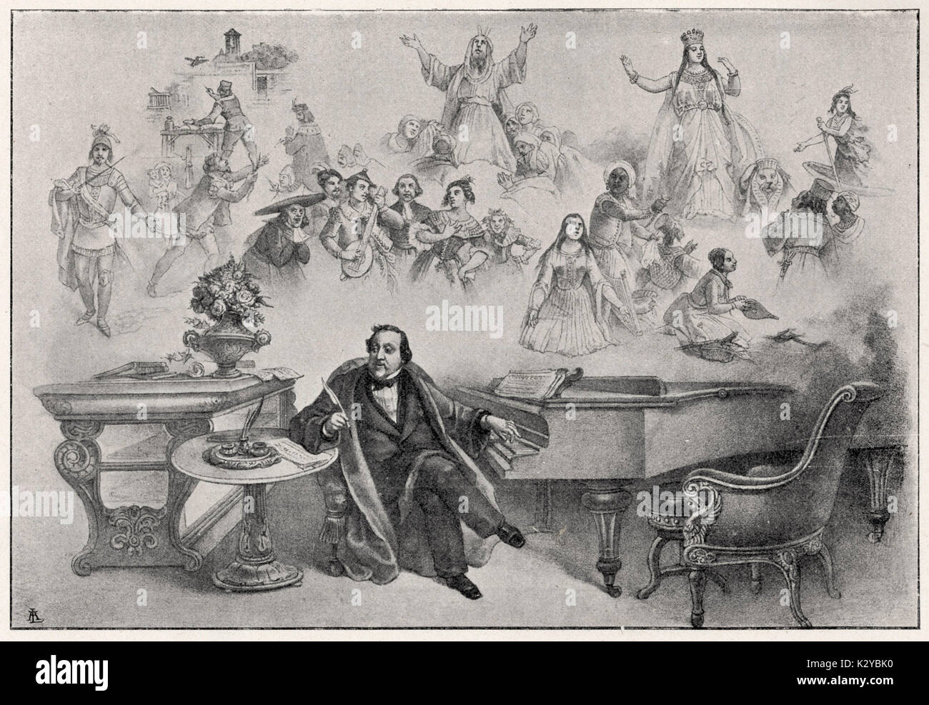 Gioacchino A. Rossini and his opera  creations and characters.  Sitting at piano with quill pen in his hand ready to compose.  talian composer, Italian composer Italian composer,  29 February 1792 - 13 November 1868. 29 February 1792 - 13 November 1868. Stock Photo
