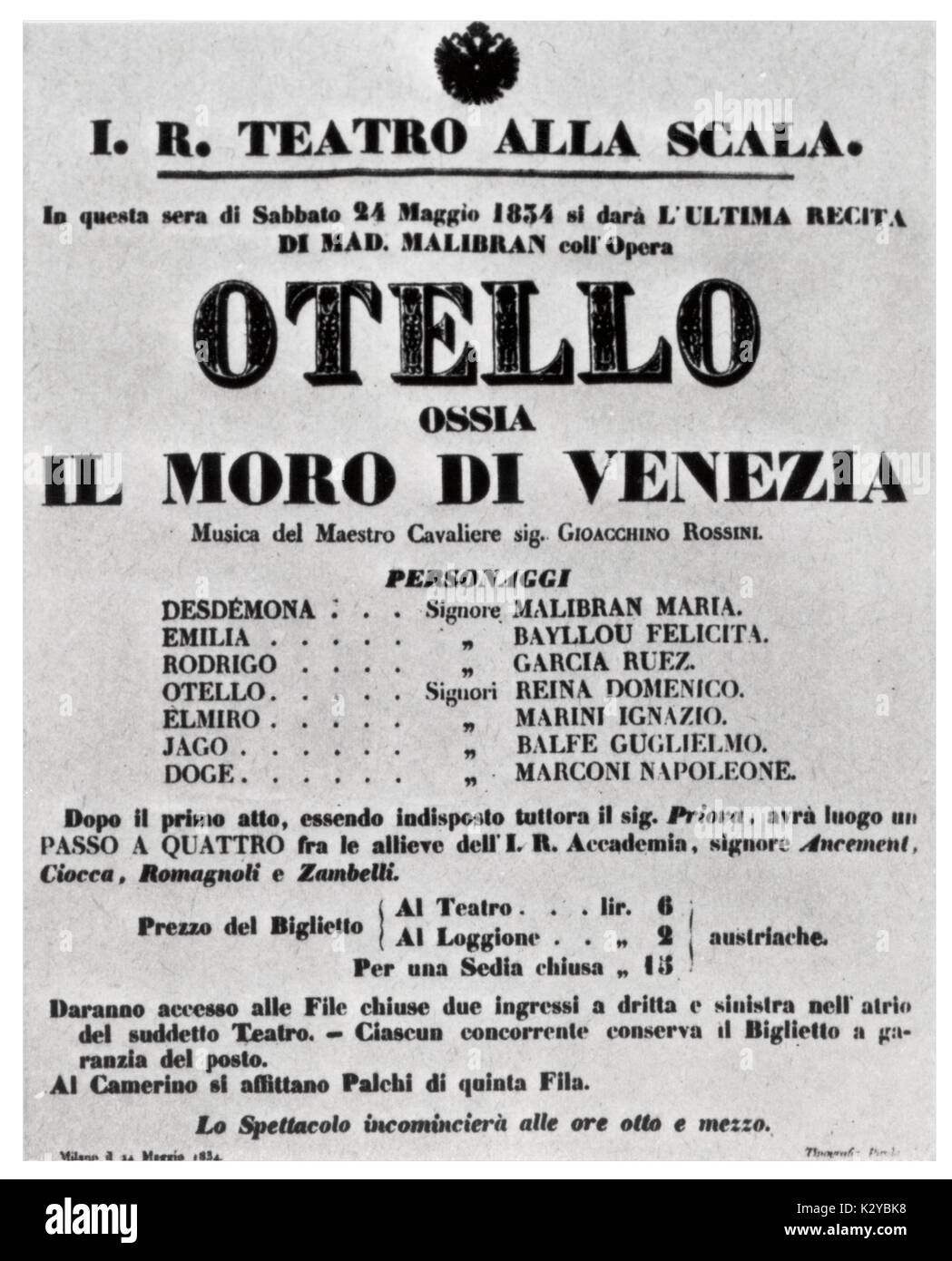 ROSSINI - OTELLO Poster or announcement of performance at La Scala, 1834  Italian composer (1792-1868 Stock Photo - Alamy