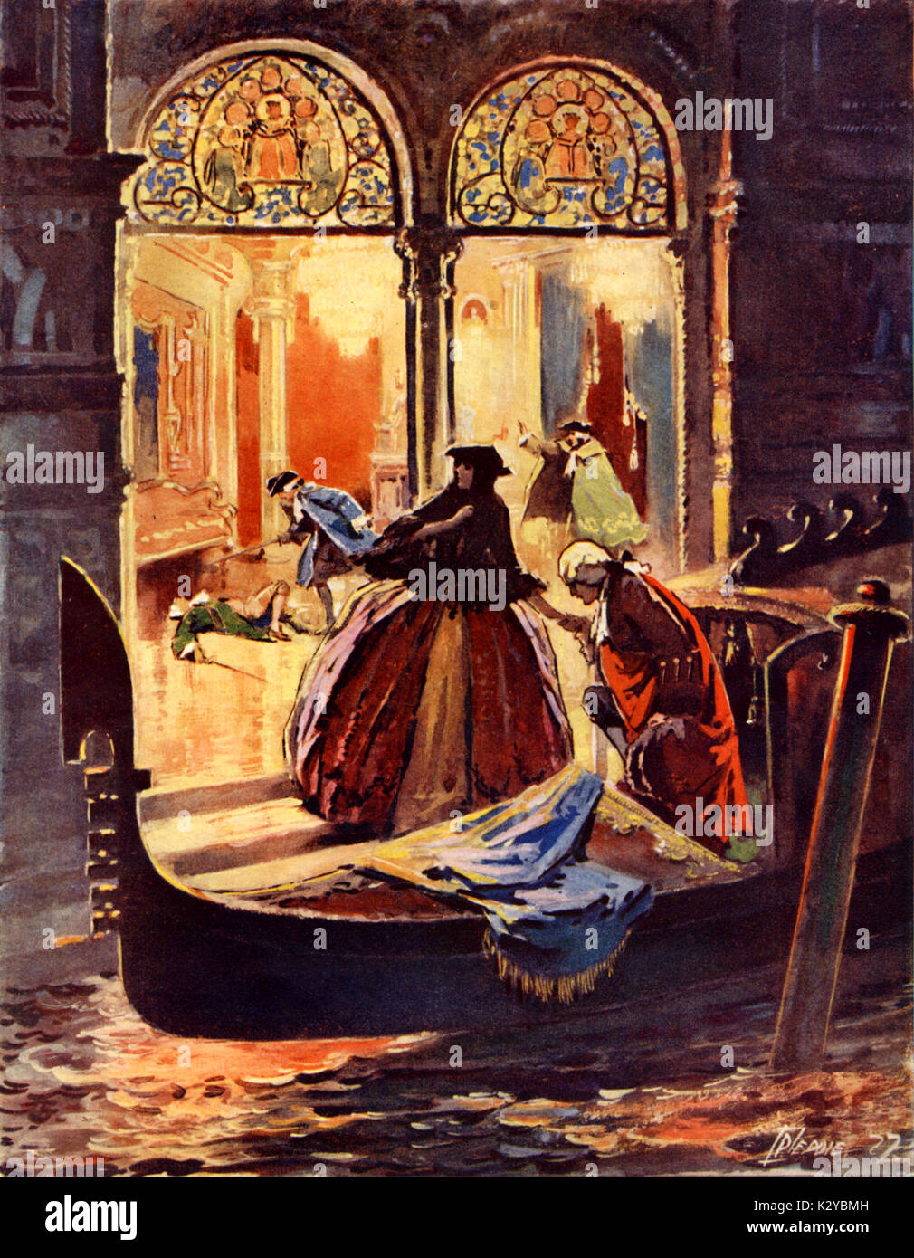 Offenbach, Jacques   Tales of Hoffmann. Conclusion of tale set in Venice. Hoffmann sees Pitichinaccio handing Giulietta into a gondola. Dapetutto picks up sword which Hoffman dropped after killing Schlemil.  German/French Composer (1819-1880) Stock Photo