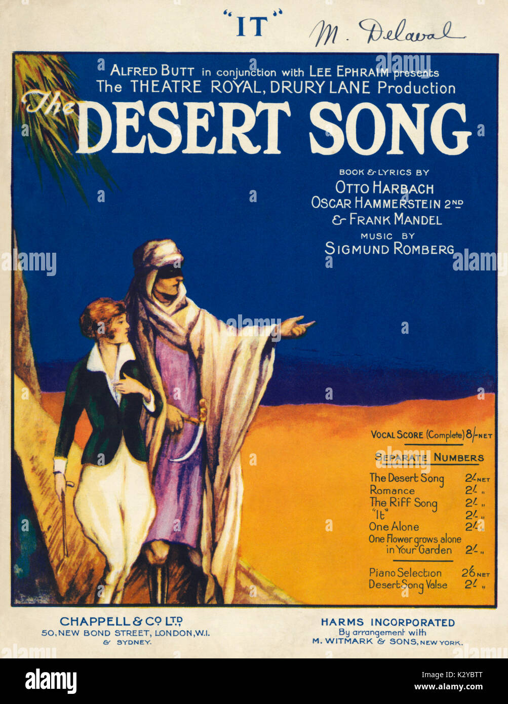 Sigmund Romberg 's operetta Desert Song, score cover for 'It', 1927.  Book and lyrics by Otto Harbach, Oscar Hammerstein II and Frank Mandel. Theatre Royal,  Drury Lane production. .  Published London, Chappell, Harms Inc, 1927.First staged  in New York in 1926.   Arab bedouin in desert clothes with occidental / European woman. Stock Photo