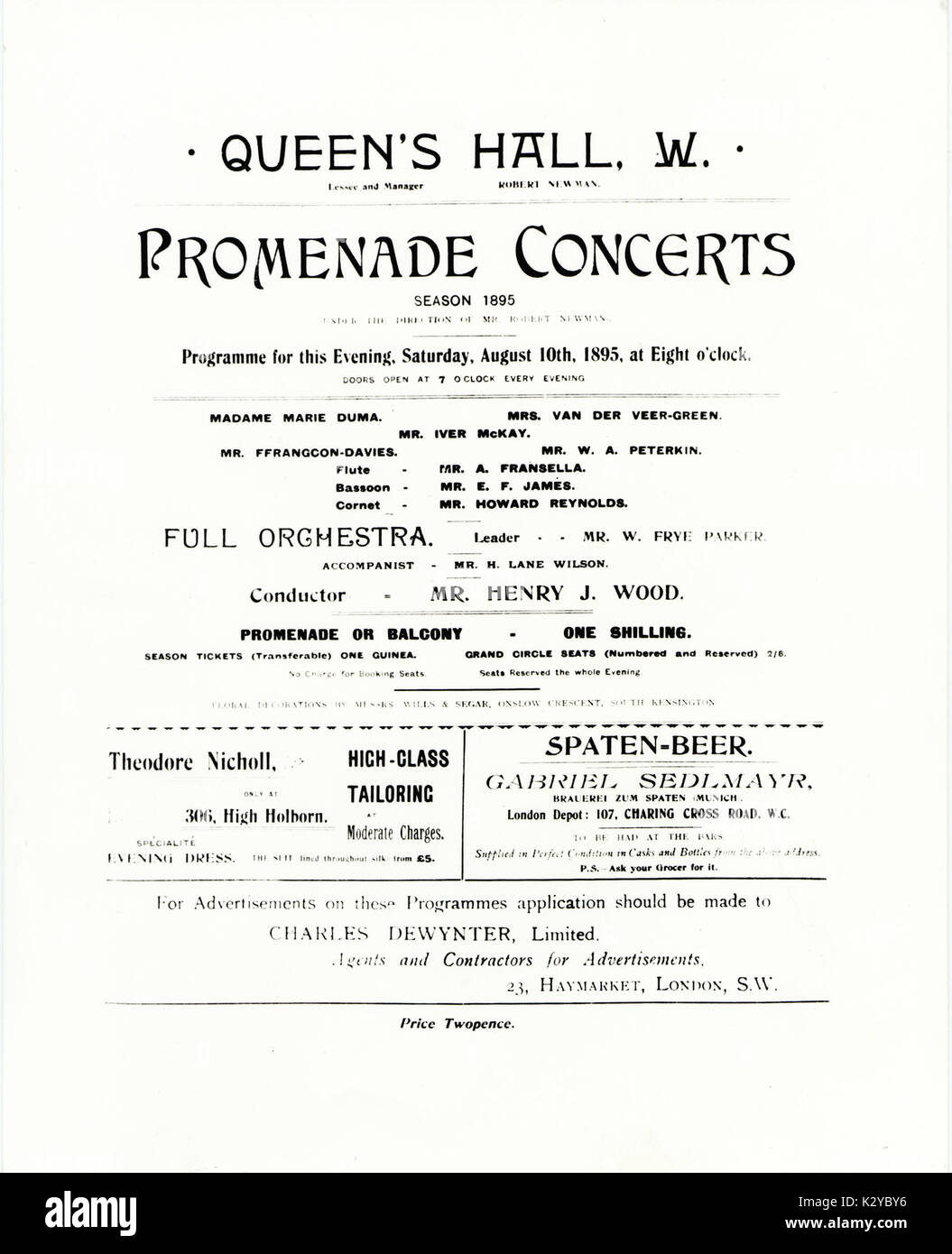 LONDON - PROMS - First Programme 1895 At Queen's Hall, conducted by Henry Wood. Stock Photo