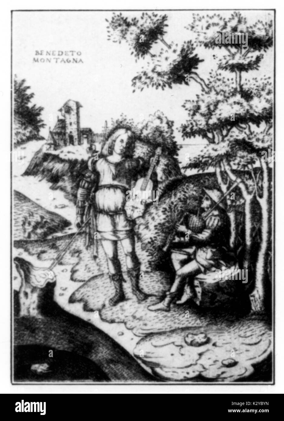 Landscape with two  musicians, playing viola da Braccio and bagpipes. Engraving by Benedetto Montagna (1480 – 1555 or 1558). Stock Photo