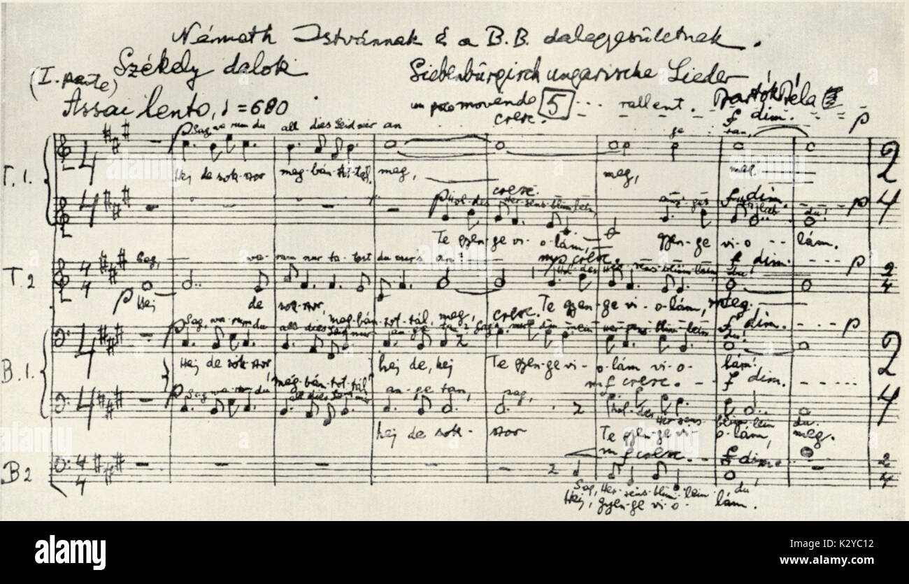 Bela Bartok - 'Chansons Sicules', 1932, first page of manuscript score.   Hungarian composer & pianist, 1881-1945 Stock Photo