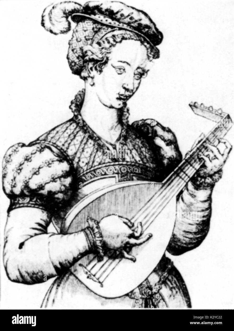 Lute player, c. 1570. Unsigned French woodcut. Stock Photo