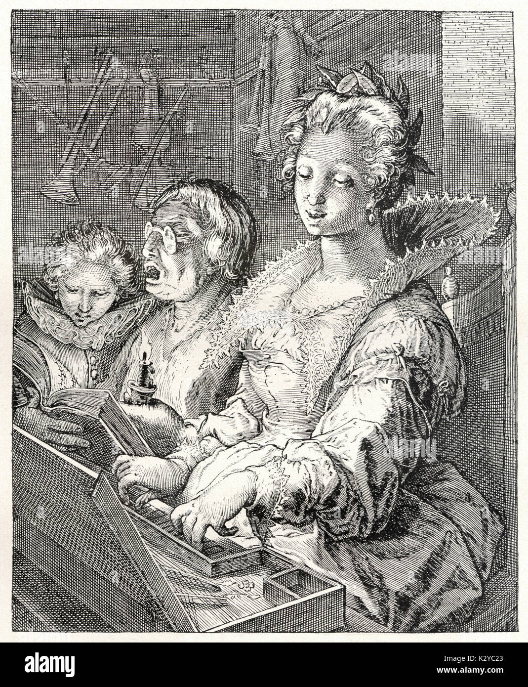'Lady at the spinet'   with lute player and singers. Engraving by Hendrik Goltzius. (1558-1617) Stock Photo