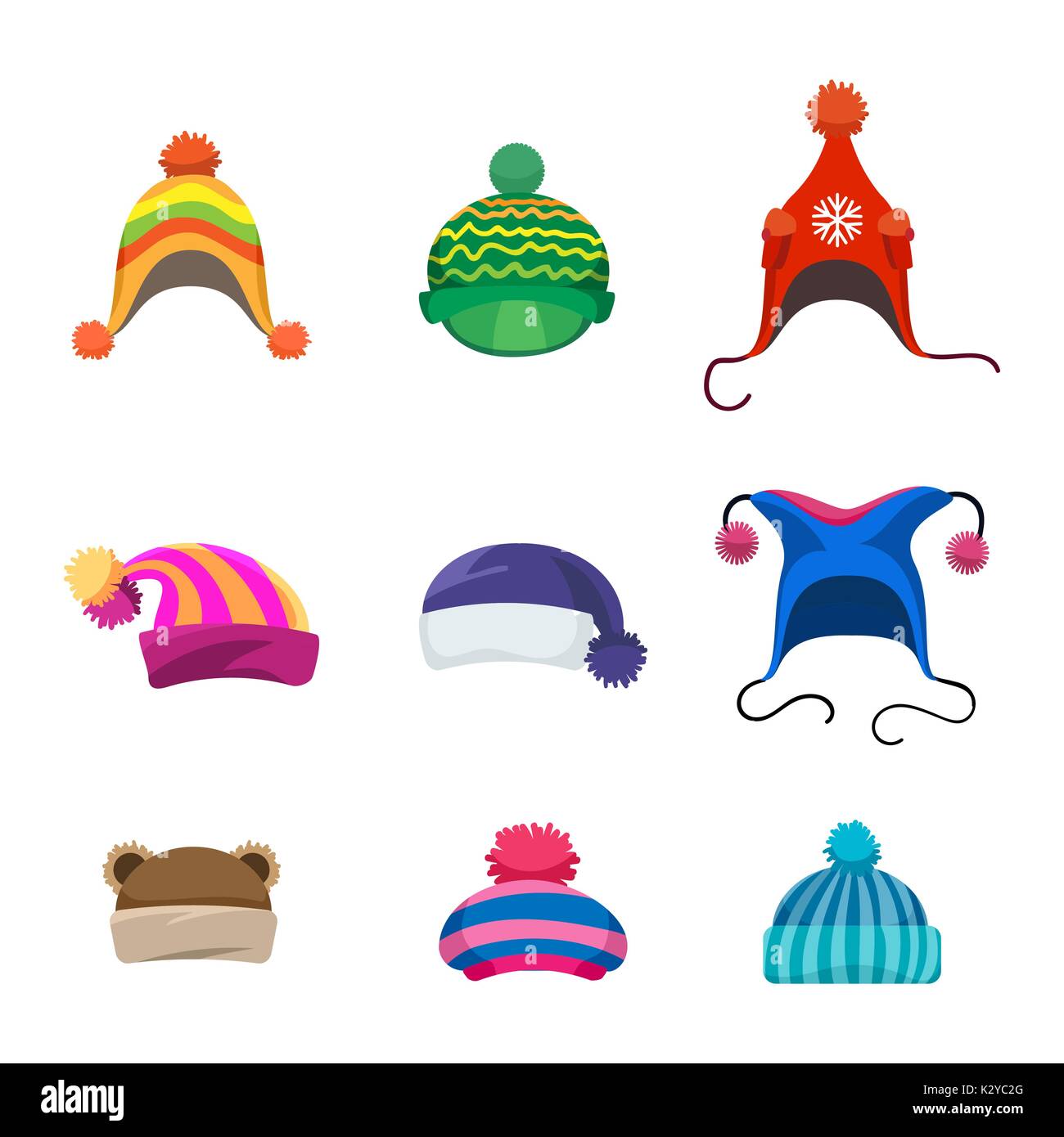Pompons winter hats set isolated on white background, vector illustration Stock Vector
